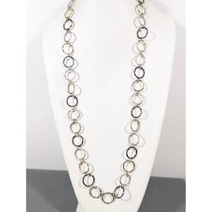 Long Tri Tone Hammered Necklace 36" Mixed Metal Layering